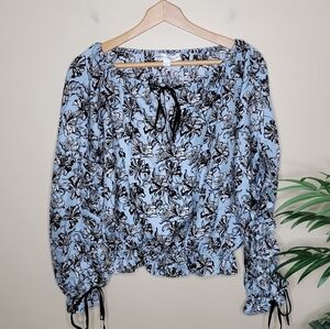 Robert Rodriguez | Blue Black Floral Silk Blouse with Ruffled Split Sleeves